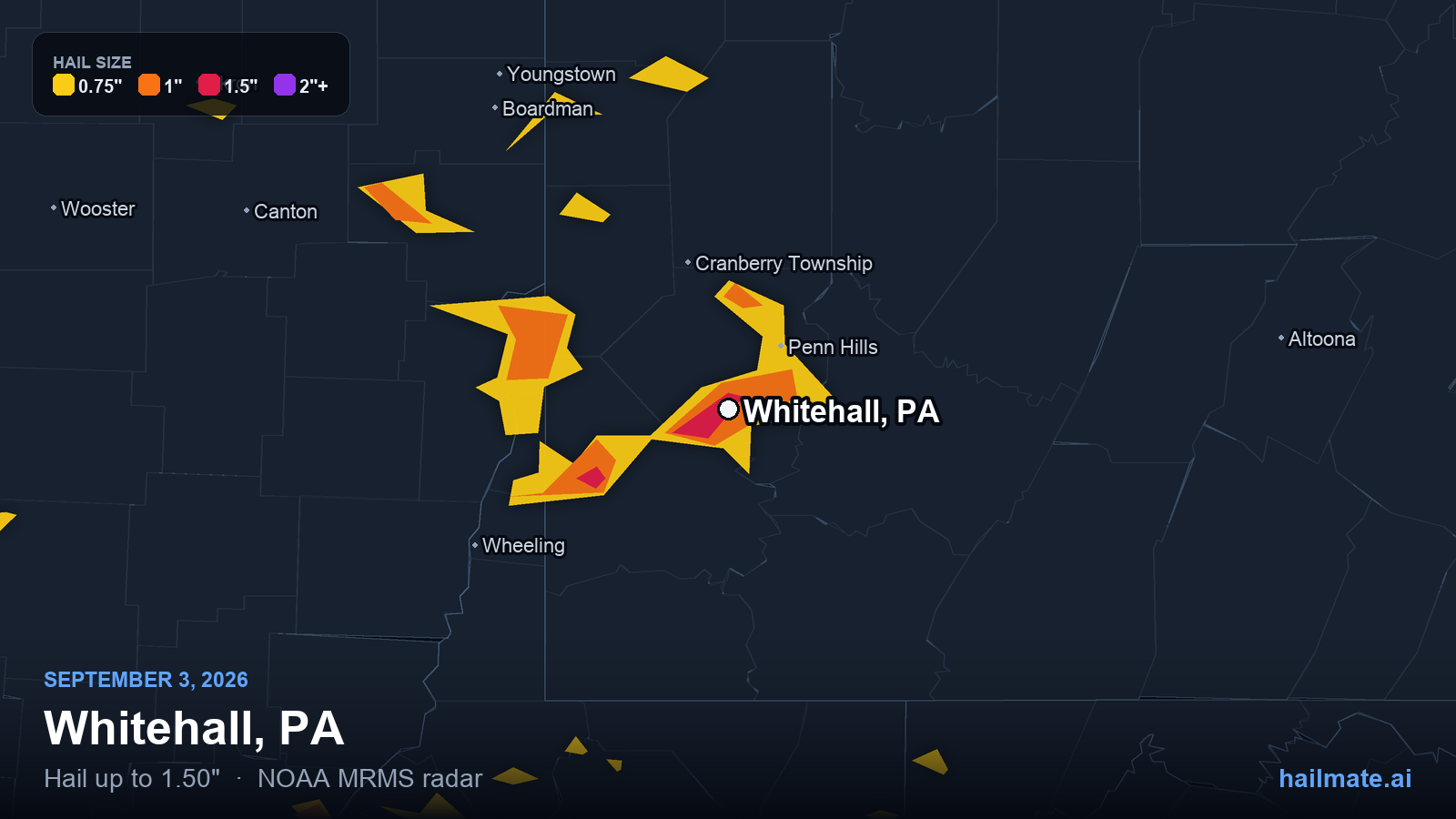 Hail swath map for Whitehall, PA on September 3, 2026 showing 1.50 inch hail.
