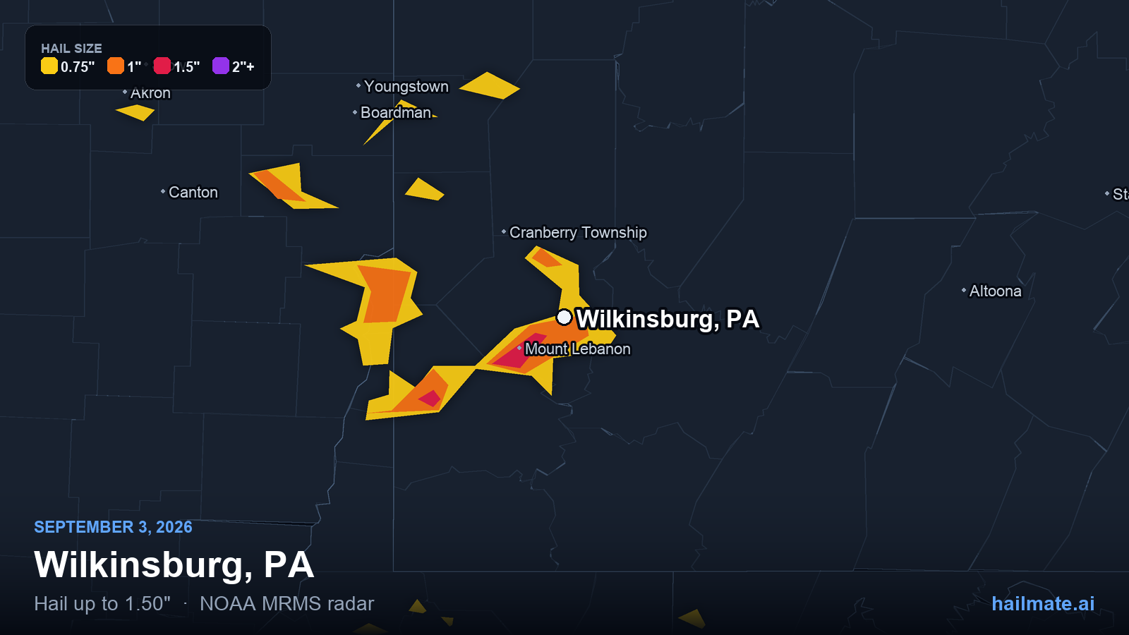 Hail swath map for Wilkinsburg, PA on September 3, 2026 showing 1.50 inch hail.