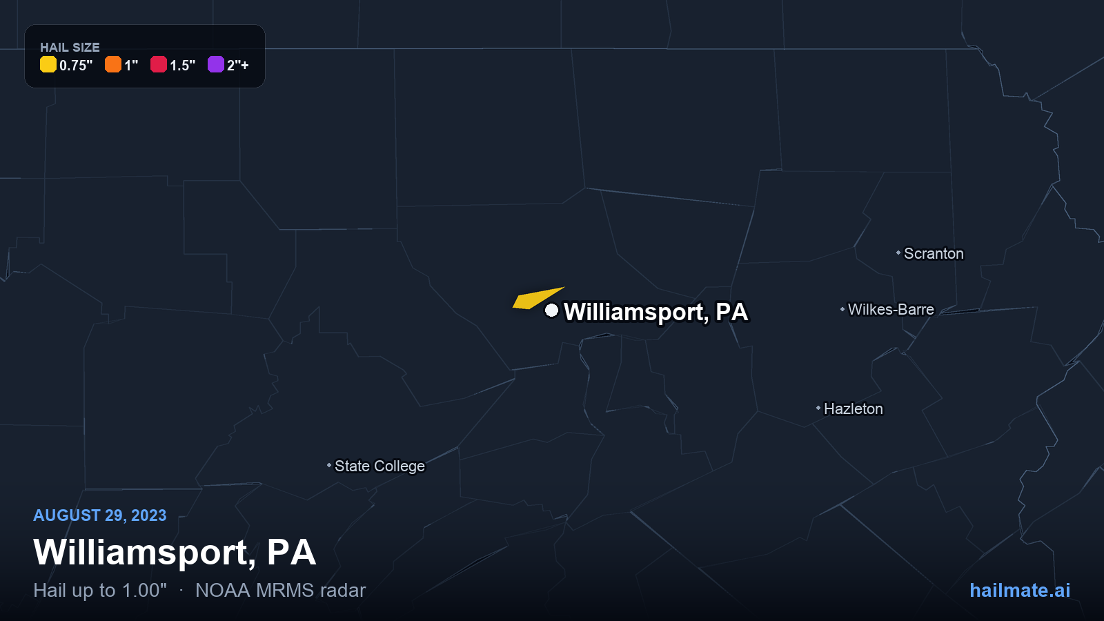 Hail swath map for Williamsport, PA on August 29, 2023 showing 1.00 inch hail.