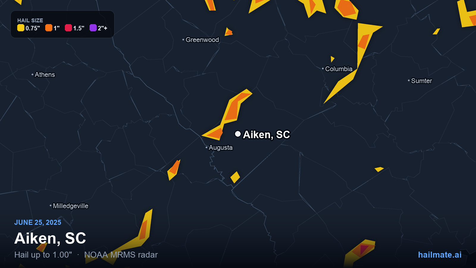 Hail swath map for Aiken, SC on June 25, 2025 showing 1.00 inch hail.
