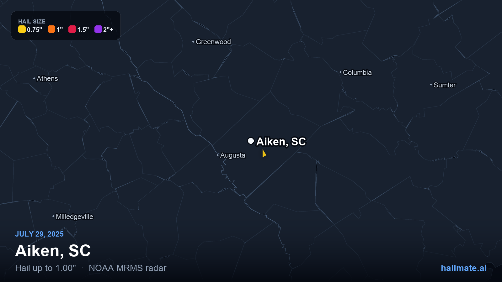 Hail swath map for Aiken, SC on July 29, 2025 showing 1.00 inch hail.