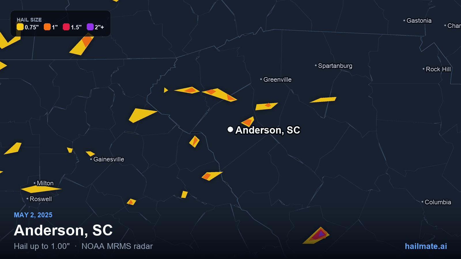 Hail swath map for Anderson, SC on May 2, 2025 showing 1.00 inch hail.
