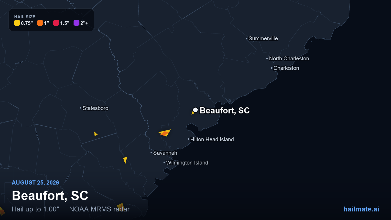 Hail swath map for Beaufort, SC on August 25, 2026 showing 1.00 inch hail.