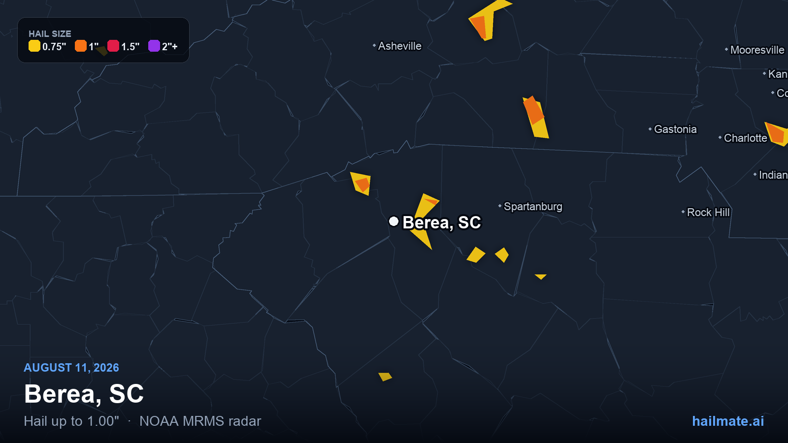 Hail swath map for Berea, SC on August 11, 2026 showing 1.00 inch hail.