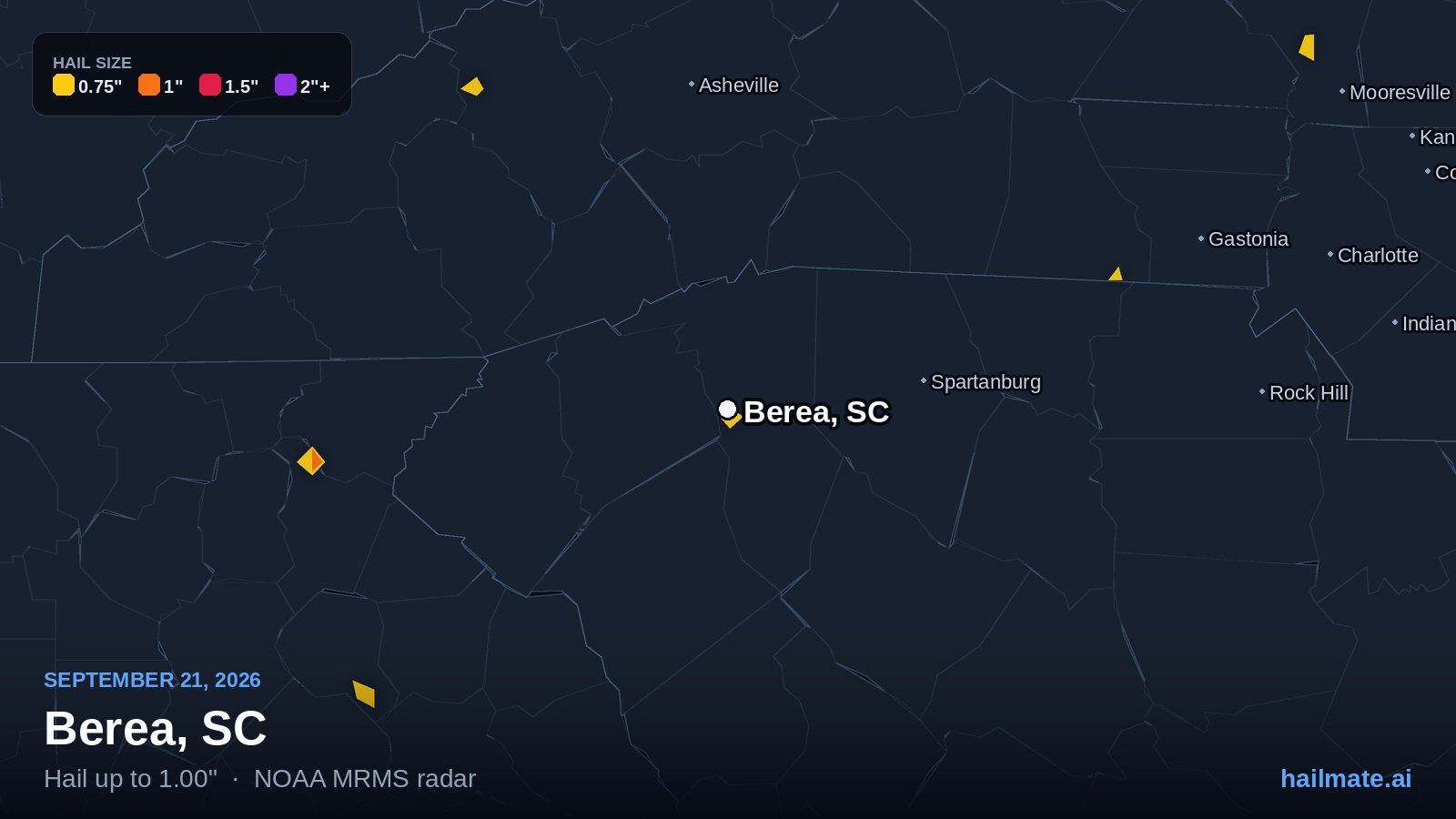 Hail swath map for Berea, SC on September 21, 2026 showing 1.00 inch hail.