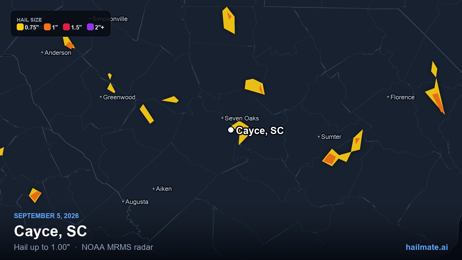 Hail swath map for Cayce, SC on September 5, 2026 showing 1.00 inch hail.