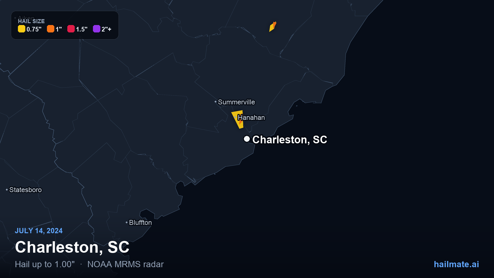 Hail swath map for Charleston, SC on July 14, 2024 showing 1.00 inch hail.
