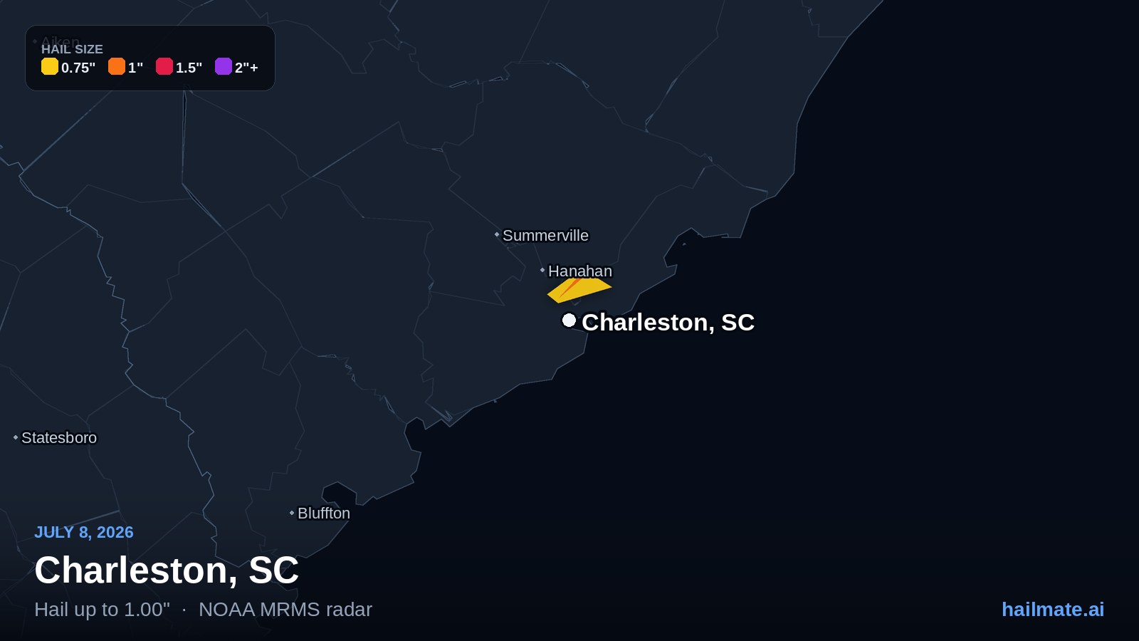 Hail swath map for Charleston, SC on July 8, 2026 showing 1.00 inch hail.