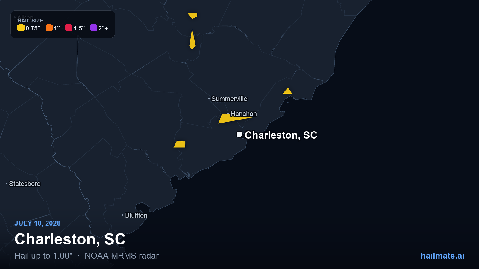 Hail swath map for Charleston, SC on July 10, 2026 showing 1.00 inch hail.