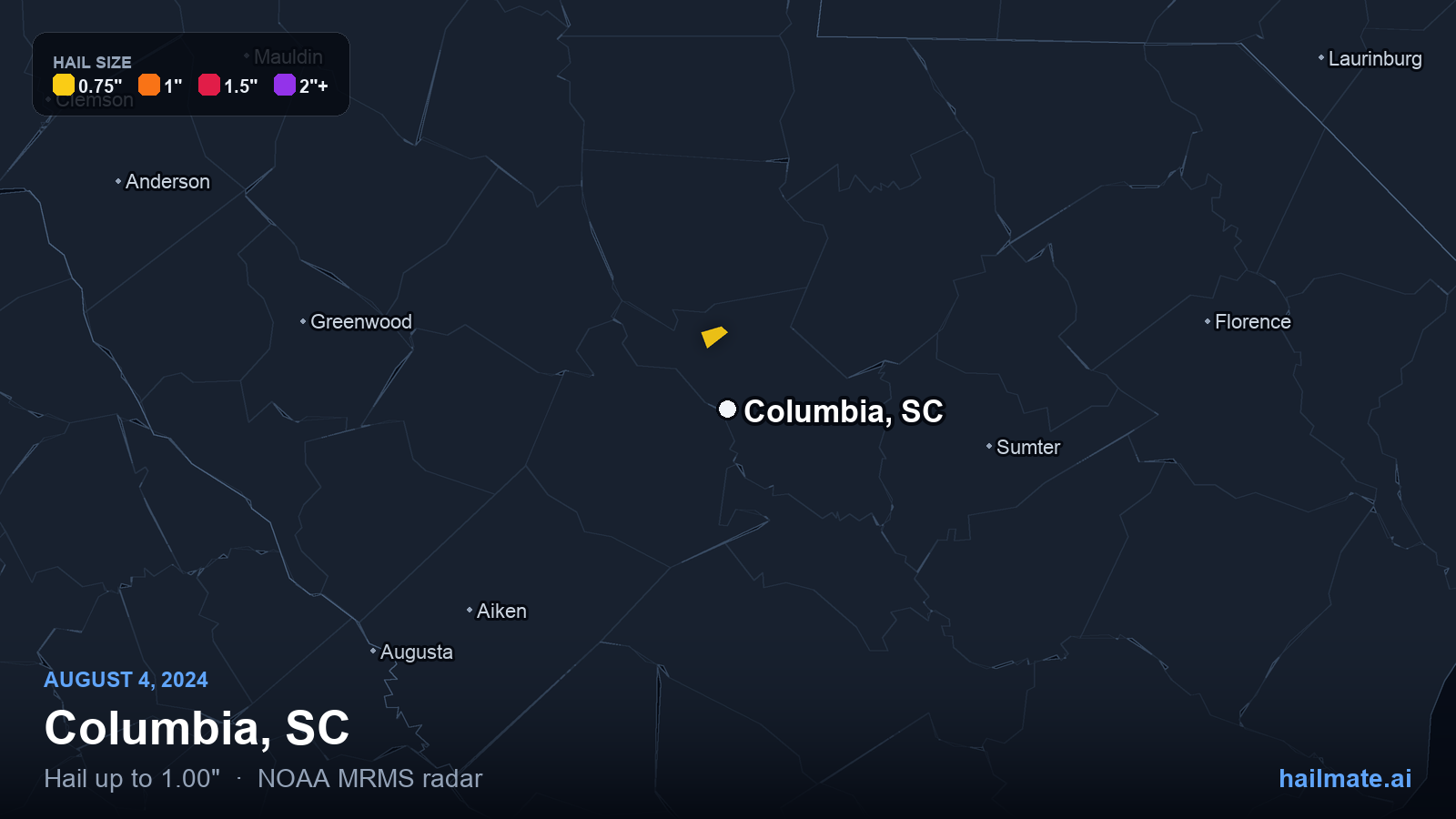 Hail swath map for Columbia, SC on August 4, 2024 showing 1.00 inch hail.