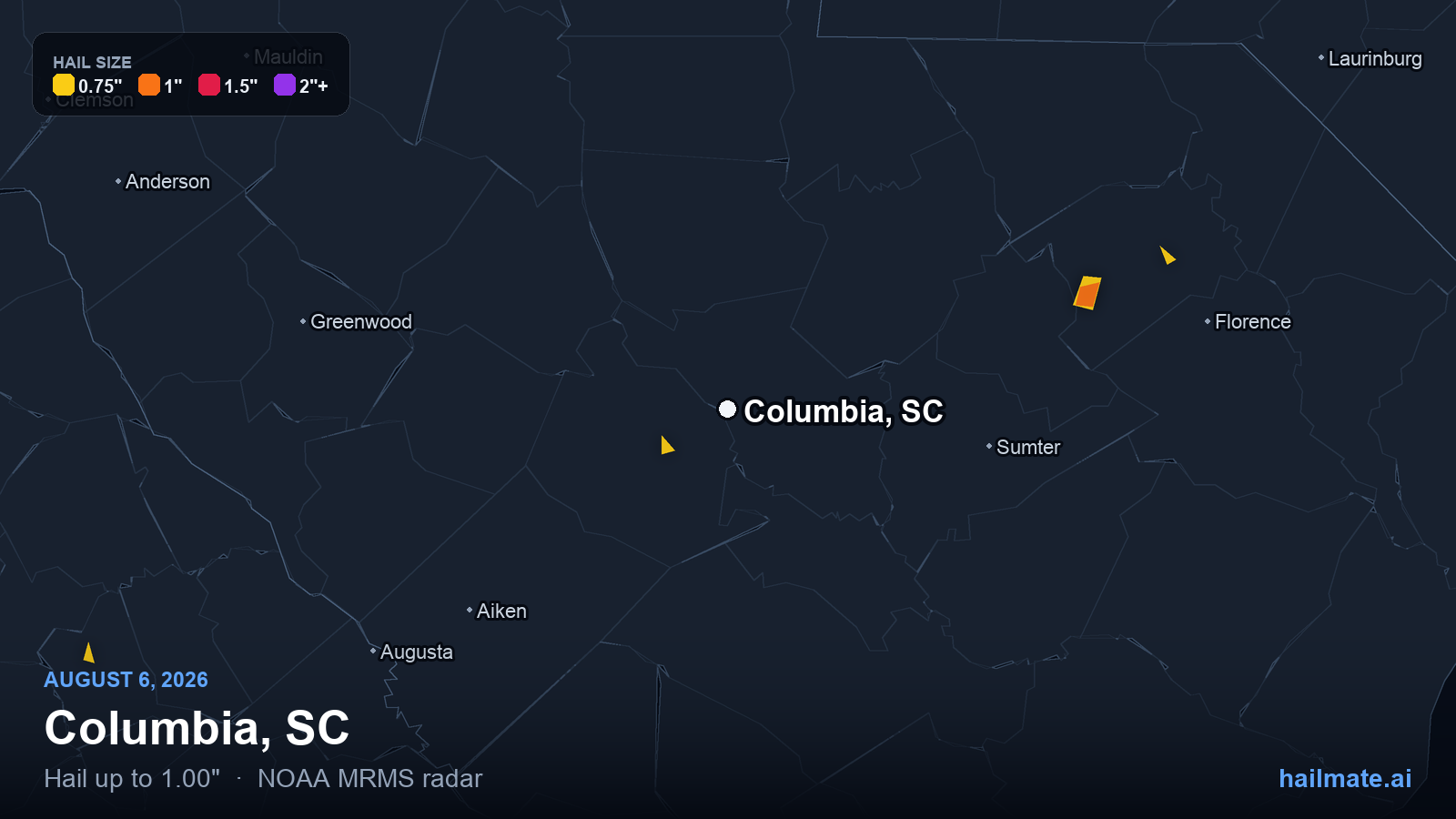 Hail swath map for Columbia, SC on August 6, 2026 showing 1.00 inch hail.