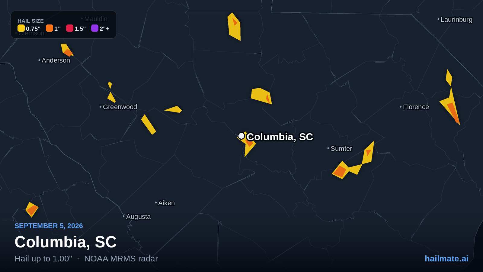 Hail swath map for Columbia, SC on September 5, 2026 showing 1.00 inch hail.