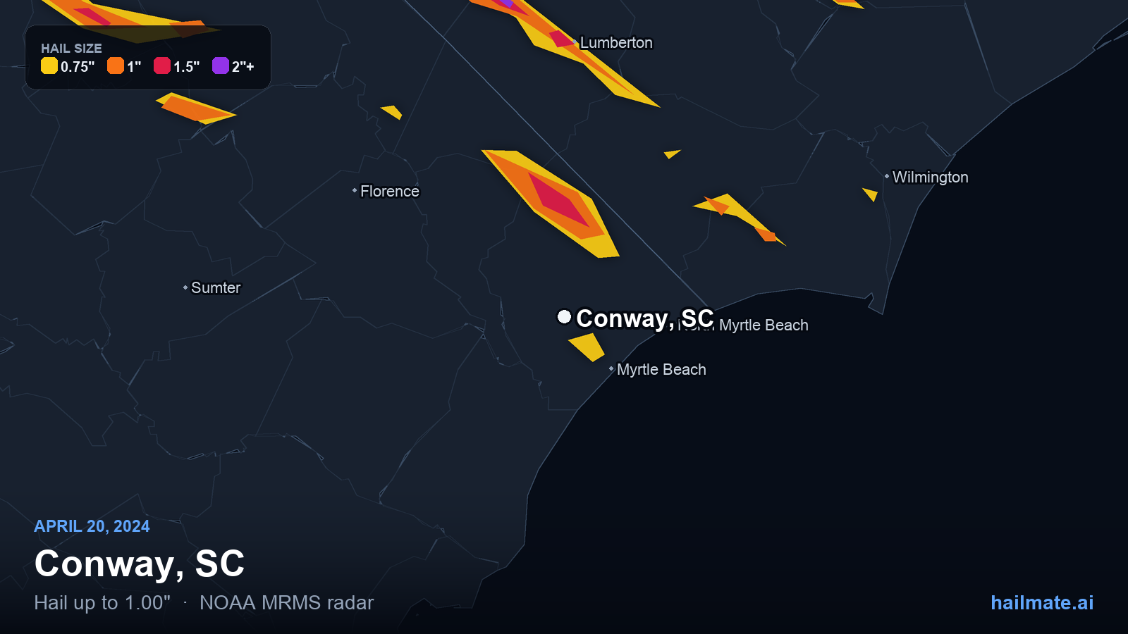 Hail swath map for Conway, SC on April 20, 2024 showing 1.00 inch hail.