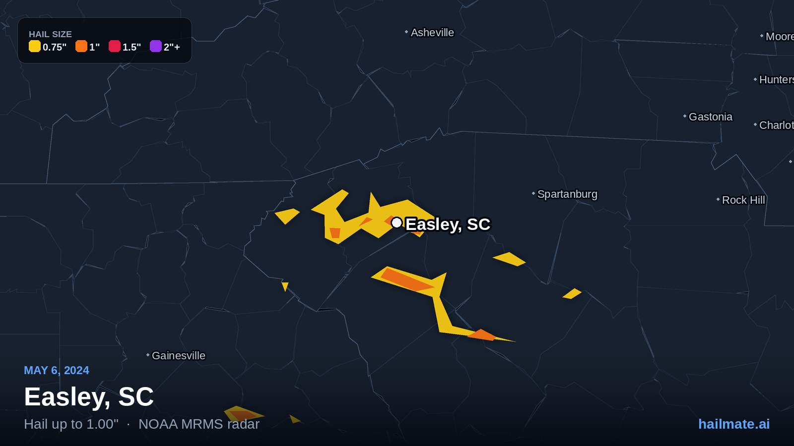 Hail swath map for Easley, SC on May 6, 2024 showing 1.00 inch hail.