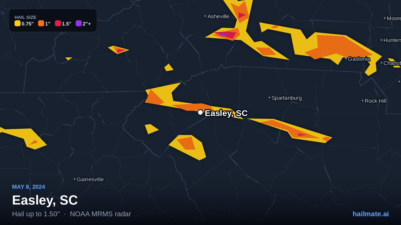 Hail swath map for Easley, SC on May 8, 2024 showing 1.50 inch hail.