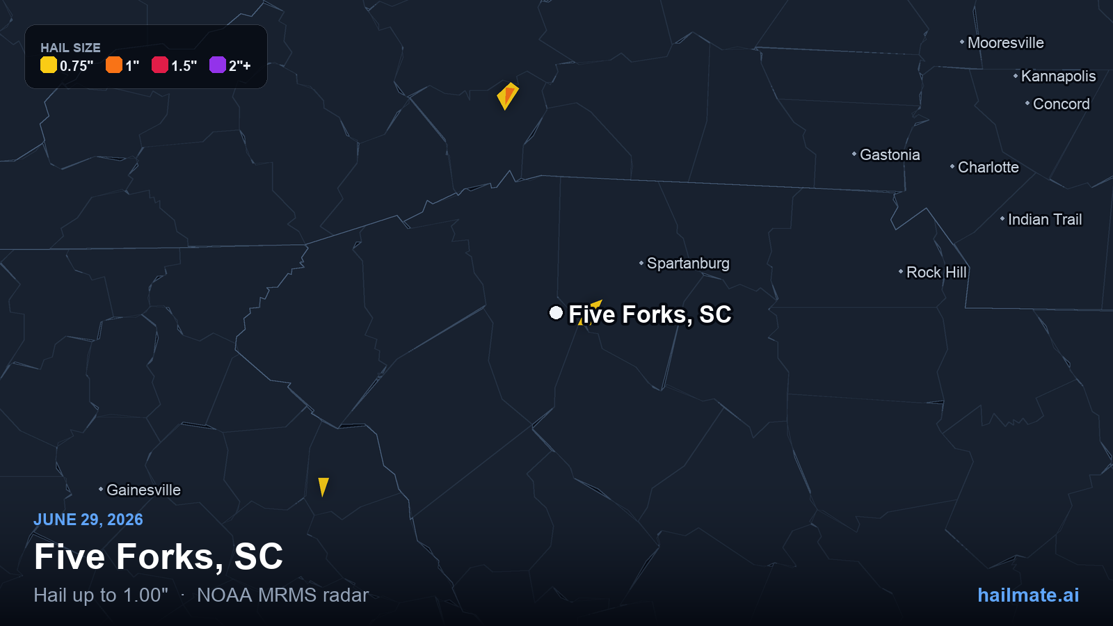 Hail swath map for Five Forks, SC on June 29, 2026 showing 1.00 inch hail.