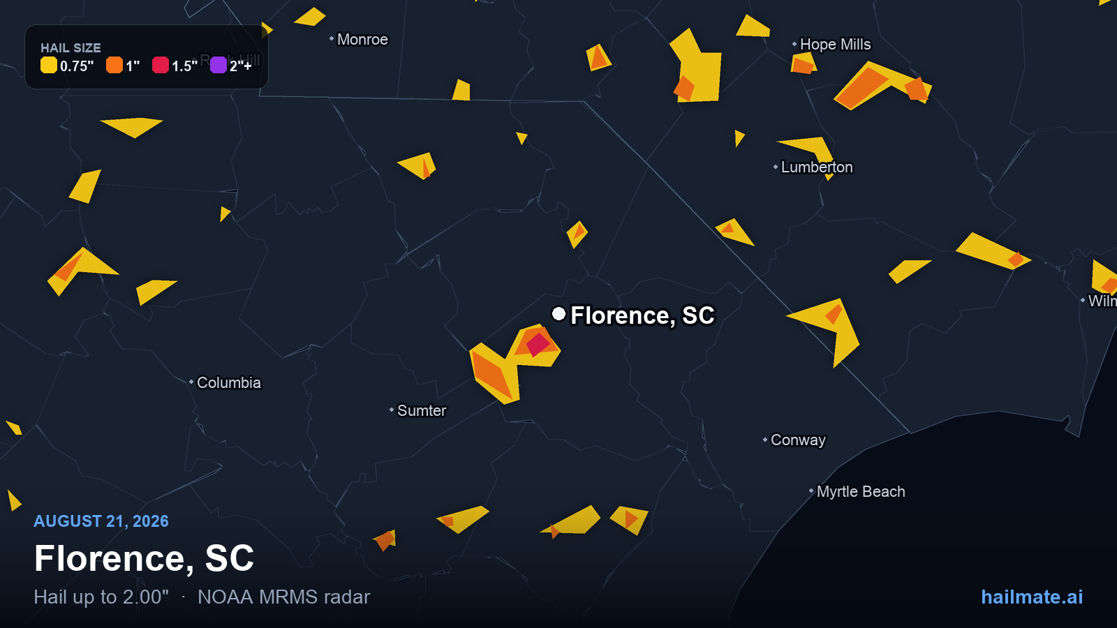 Hail swath map for Florence, SC on August 21, 2026 showing 2.00 inch hail.