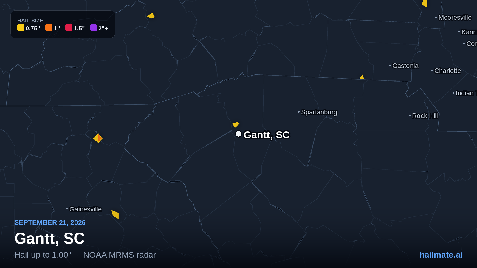 Hail swath map for Gantt, SC on September 21, 2026 showing 1.00 inch hail.