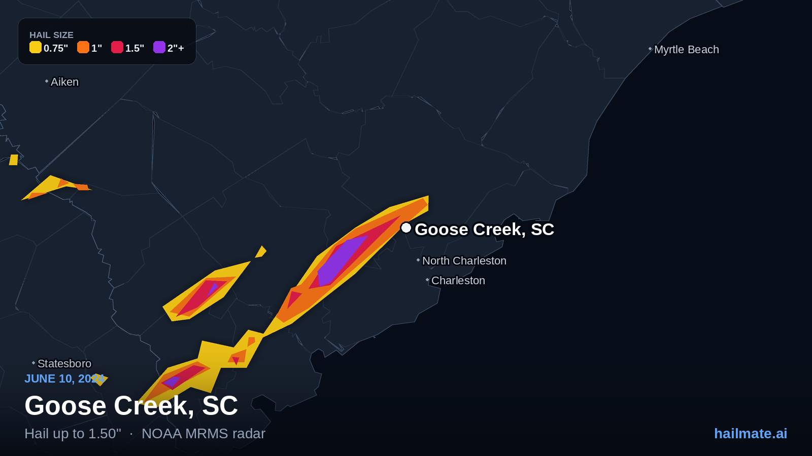 Hail swath map for Goose Creek, SC on June 10, 2024 showing 1.50 inch hail.