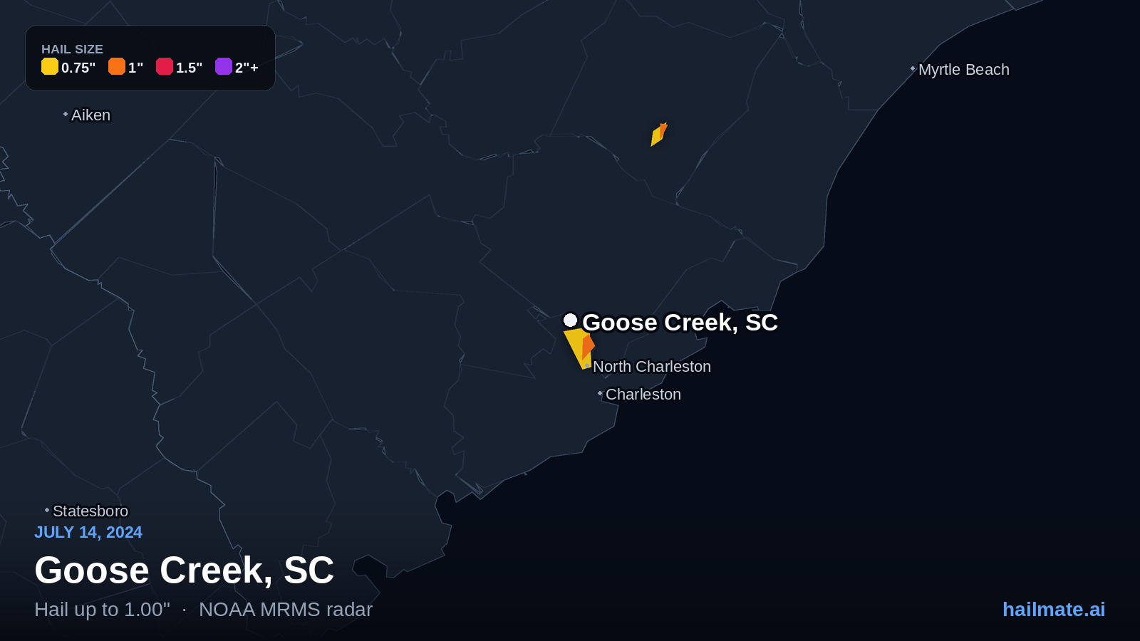 Hail swath map for Goose Creek, SC on July 14, 2024 showing 1.00 inch hail.