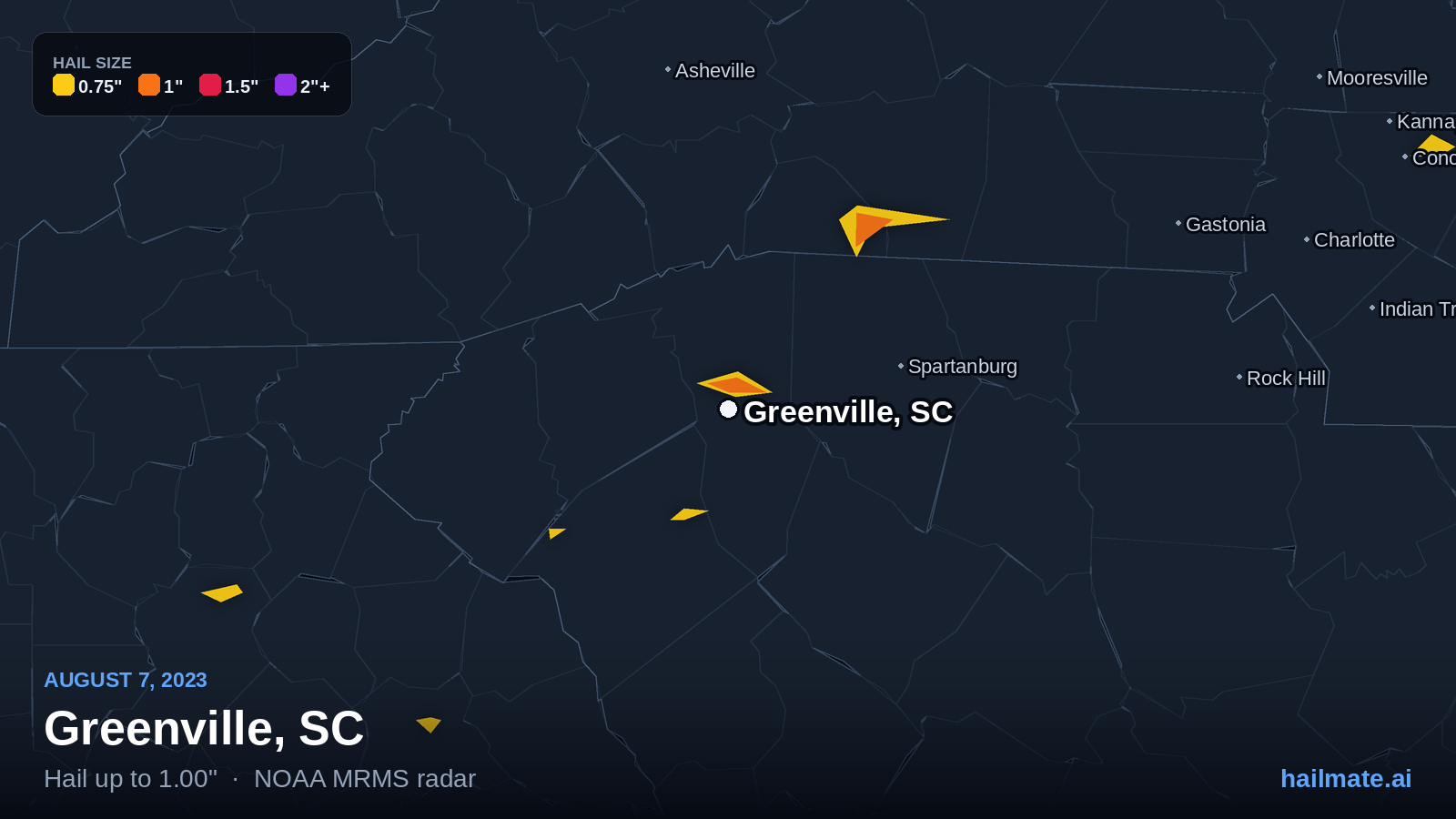 Hail swath map for Greenville, SC on August 7, 2023 showing 1.00 inch hail.