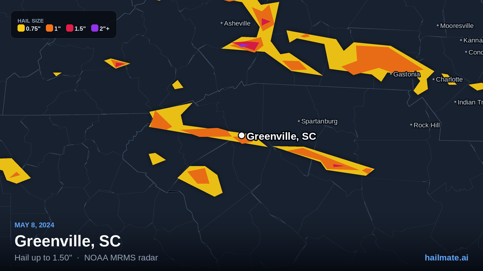 Hail swath map for Greenville, SC on May 8, 2024 showing 1.50 inch hail.