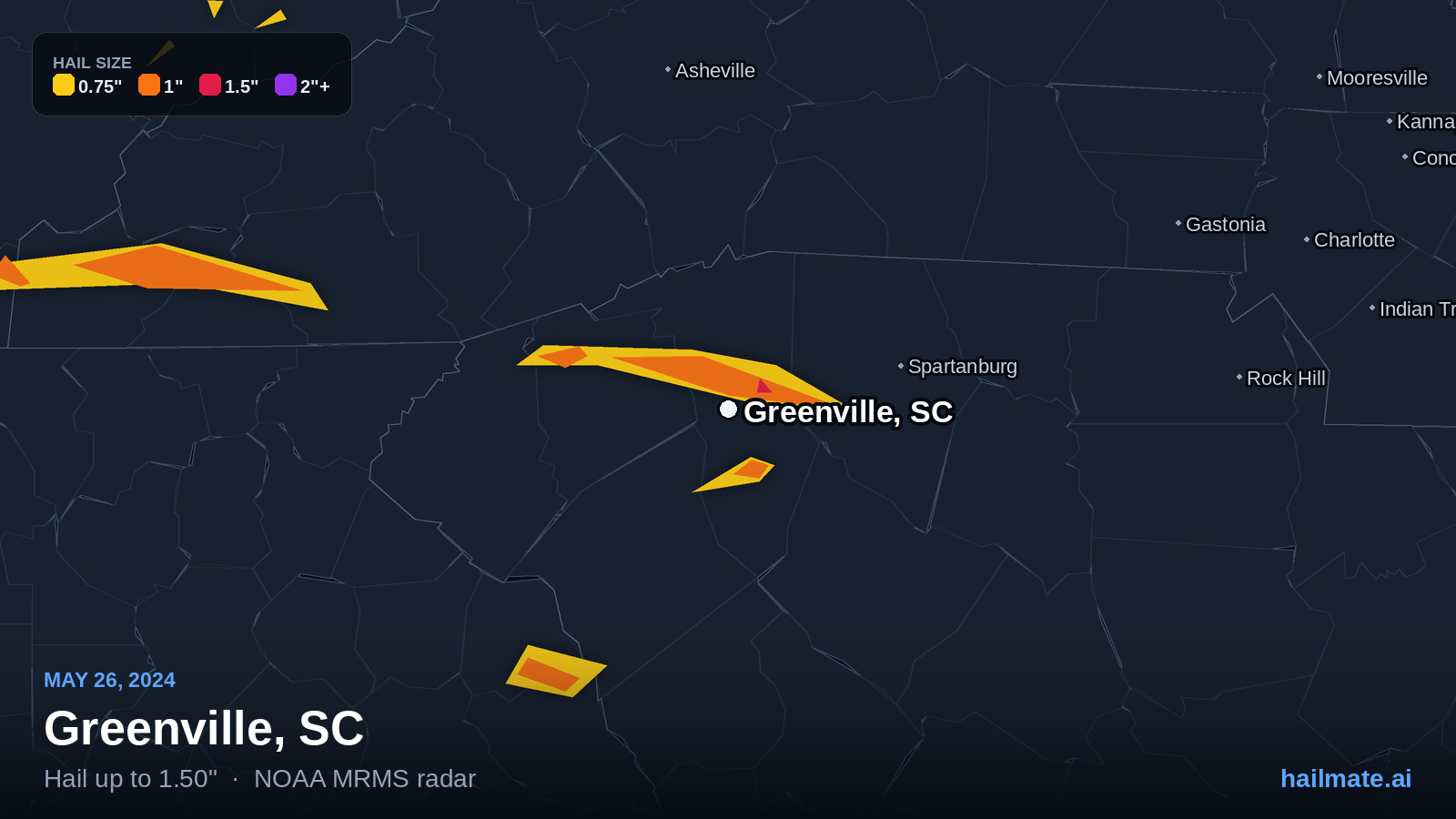 Hail swath map for Greenville, SC on May 26, 2024 showing 1.50 inch hail.