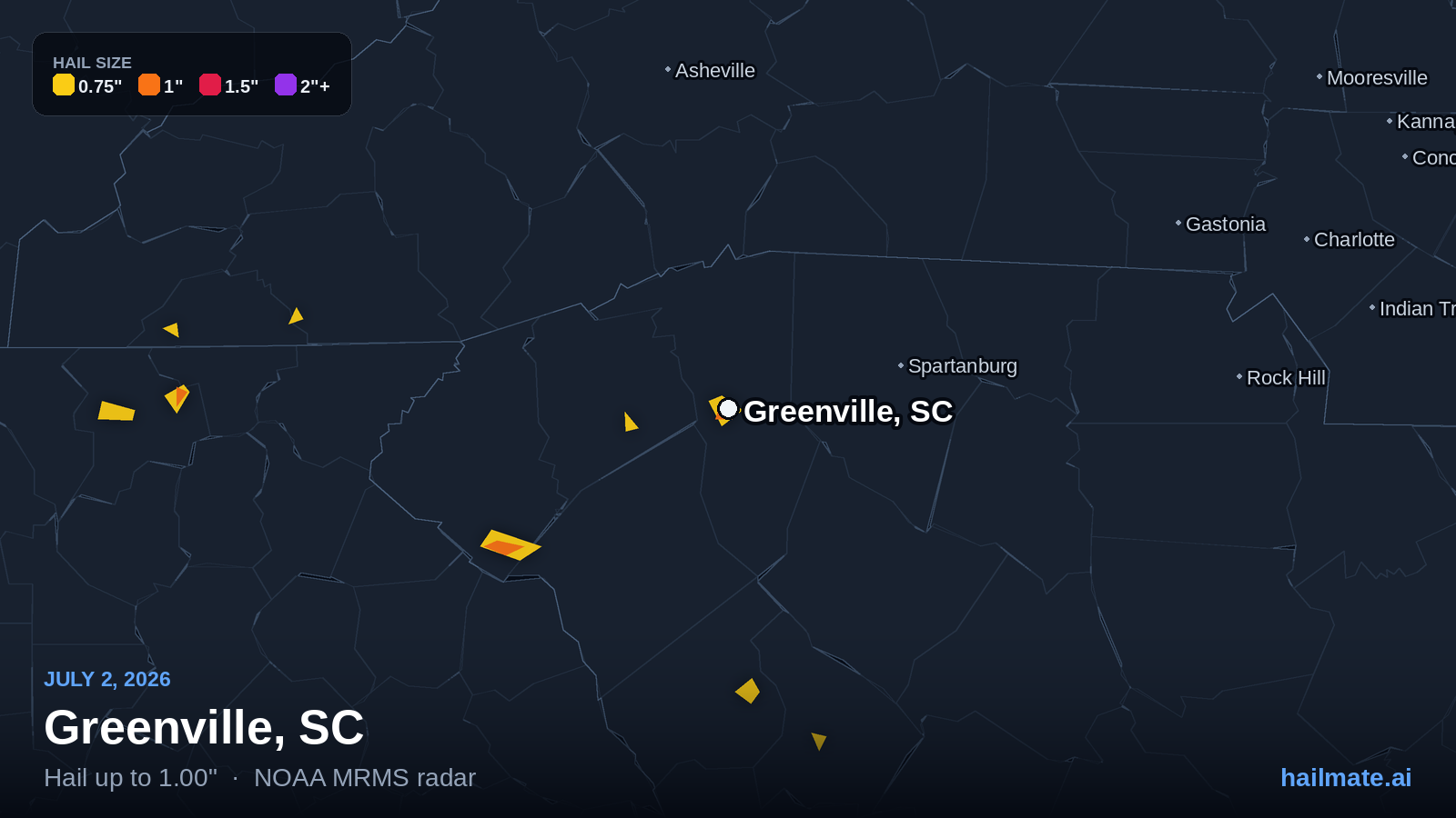 Hail swath map for Greenville, SC on July 2, 2026 showing 1.00 inch hail.