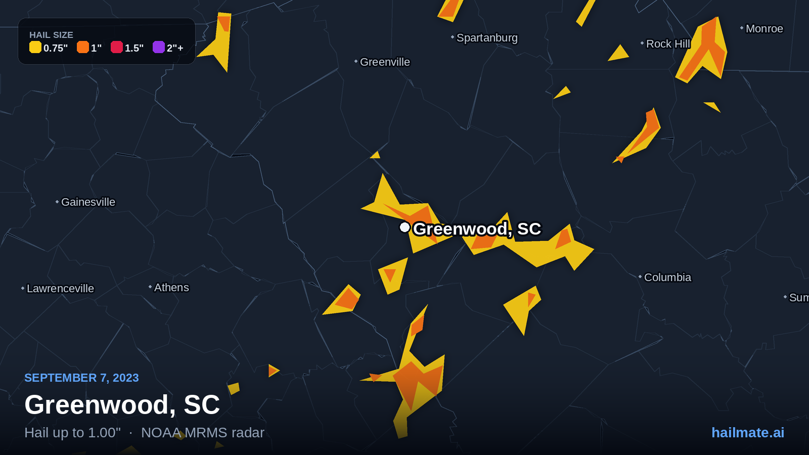 Hail swath map for Greenwood, SC on September 7, 2023 showing 1.00 inch hail.