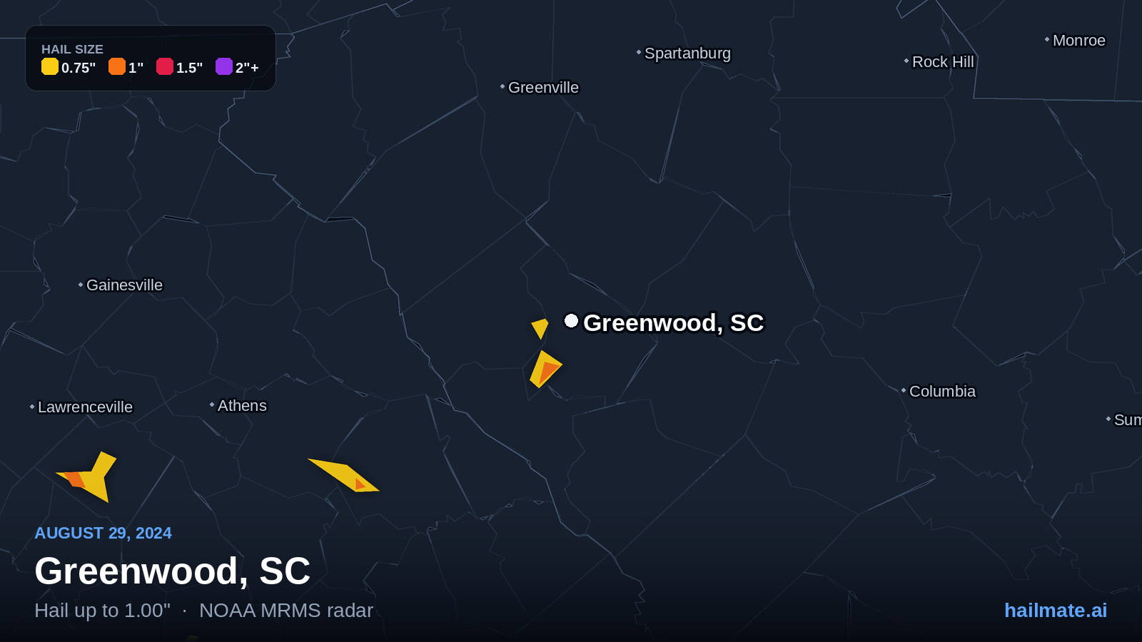 Hail swath map for Greenwood, SC on August 29, 2024 showing 1.00 inch hail.