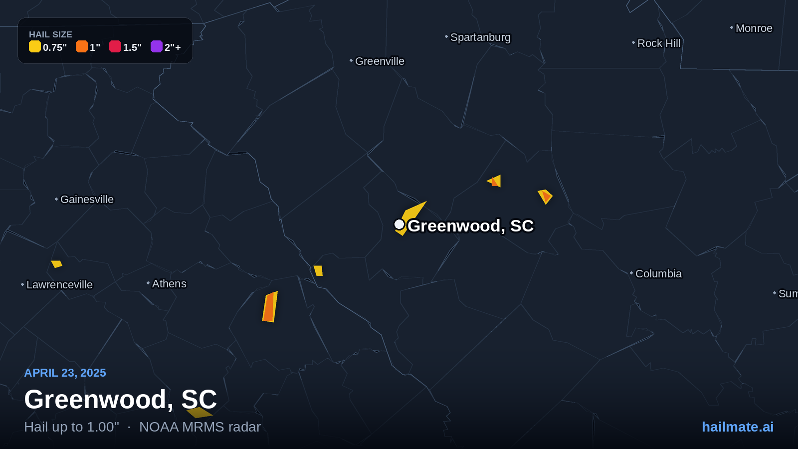 Hail swath map for Greenwood, SC on April 23, 2025 showing 1.00 inch hail.