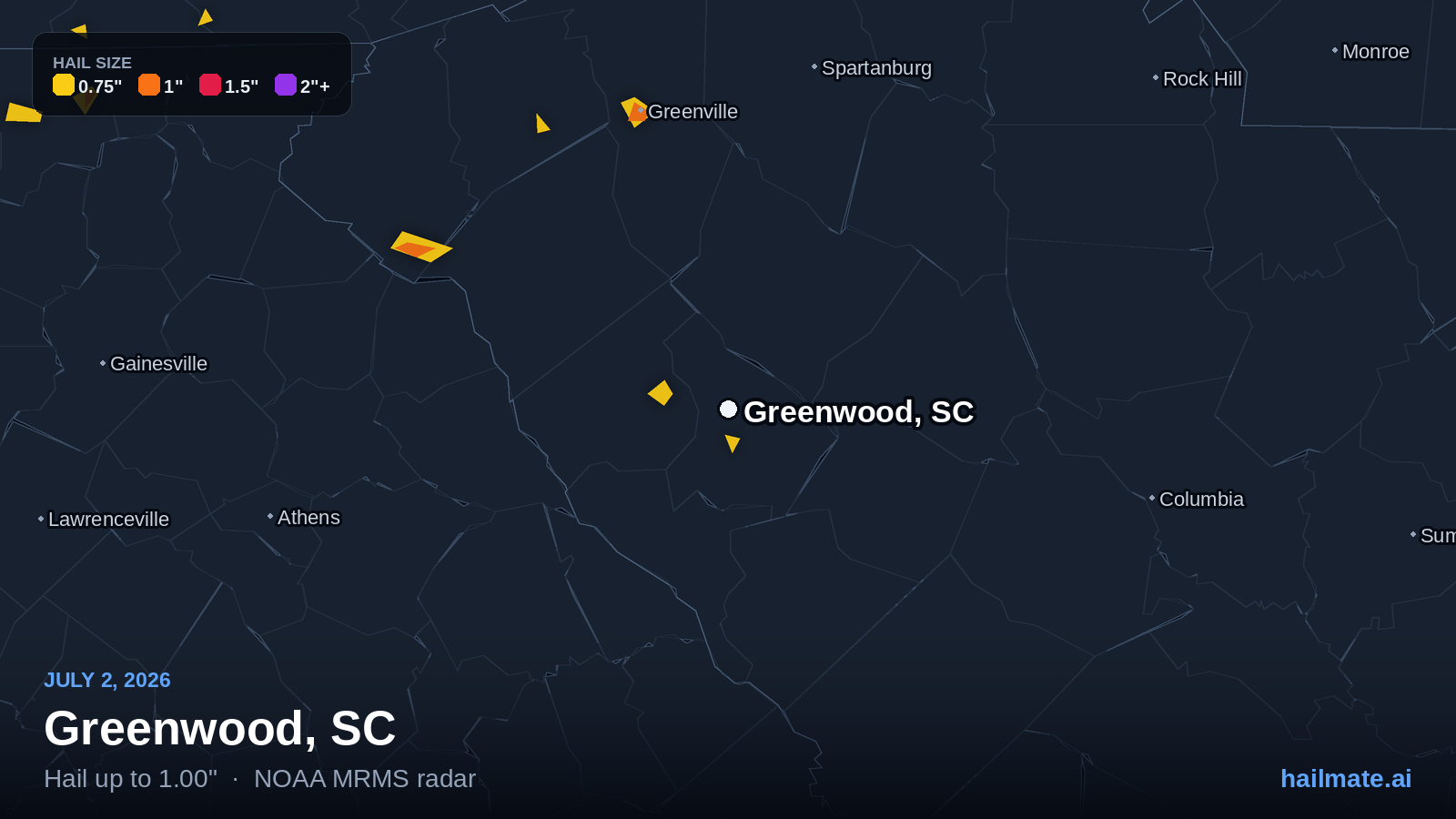Hail swath map for Greenwood, SC on July 2, 2026 showing 1.00 inch hail.