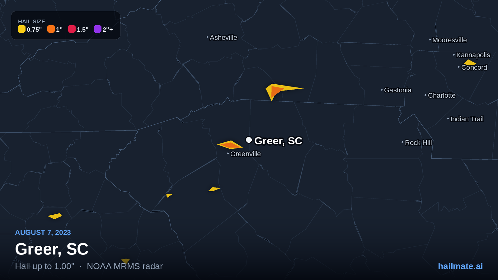 Hail swath map for Greer, SC on August 7, 2023 showing 1.00 inch hail.