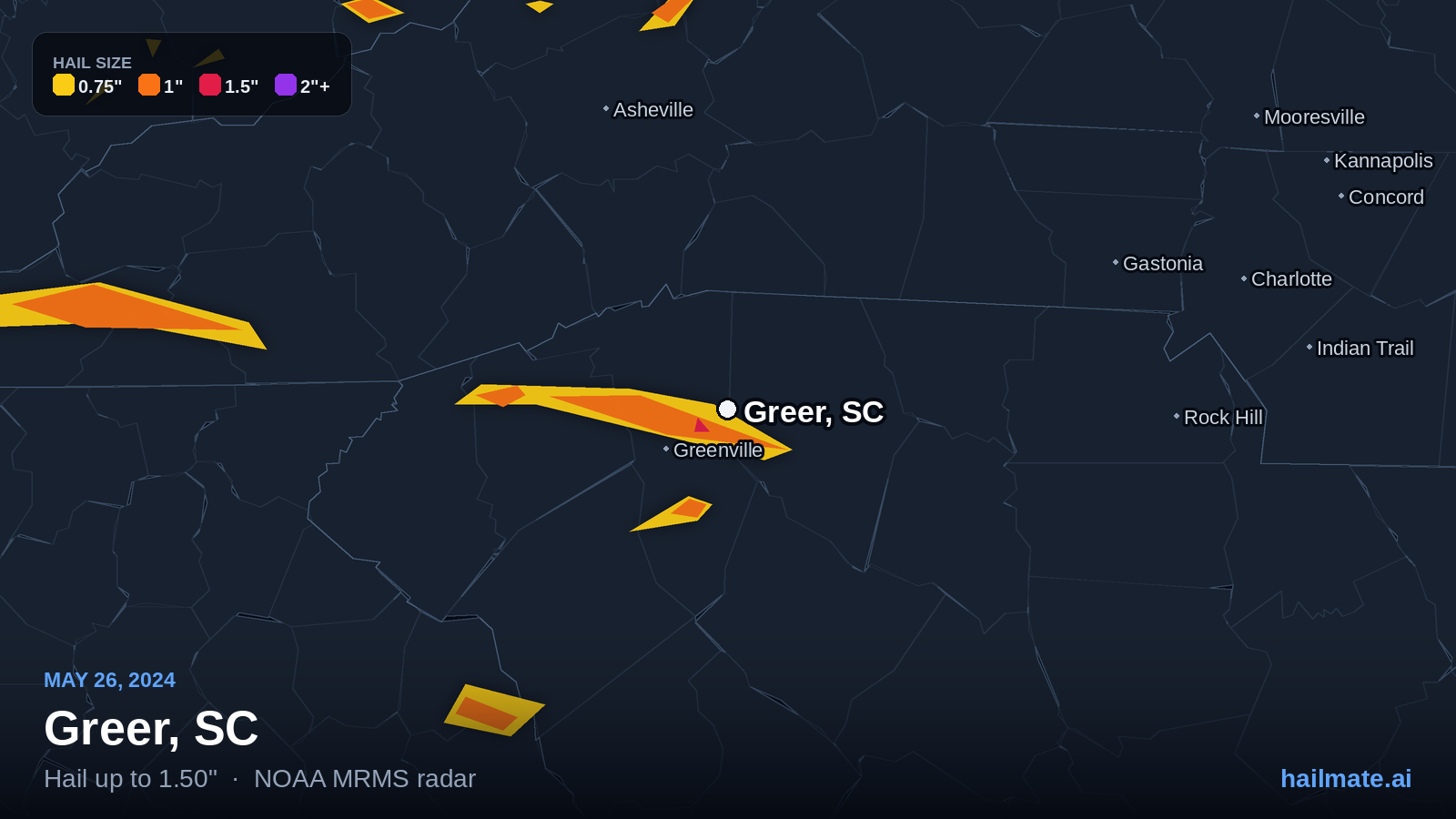 Hail swath map for Greer, SC on May 26, 2024 showing 1.50 inch hail.