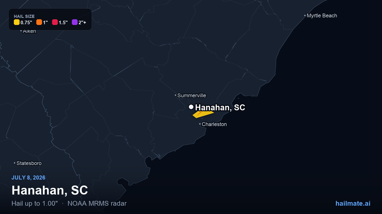 Hail swath map for Hanahan, SC on July 8, 2026 showing 1.00 inch hail.
