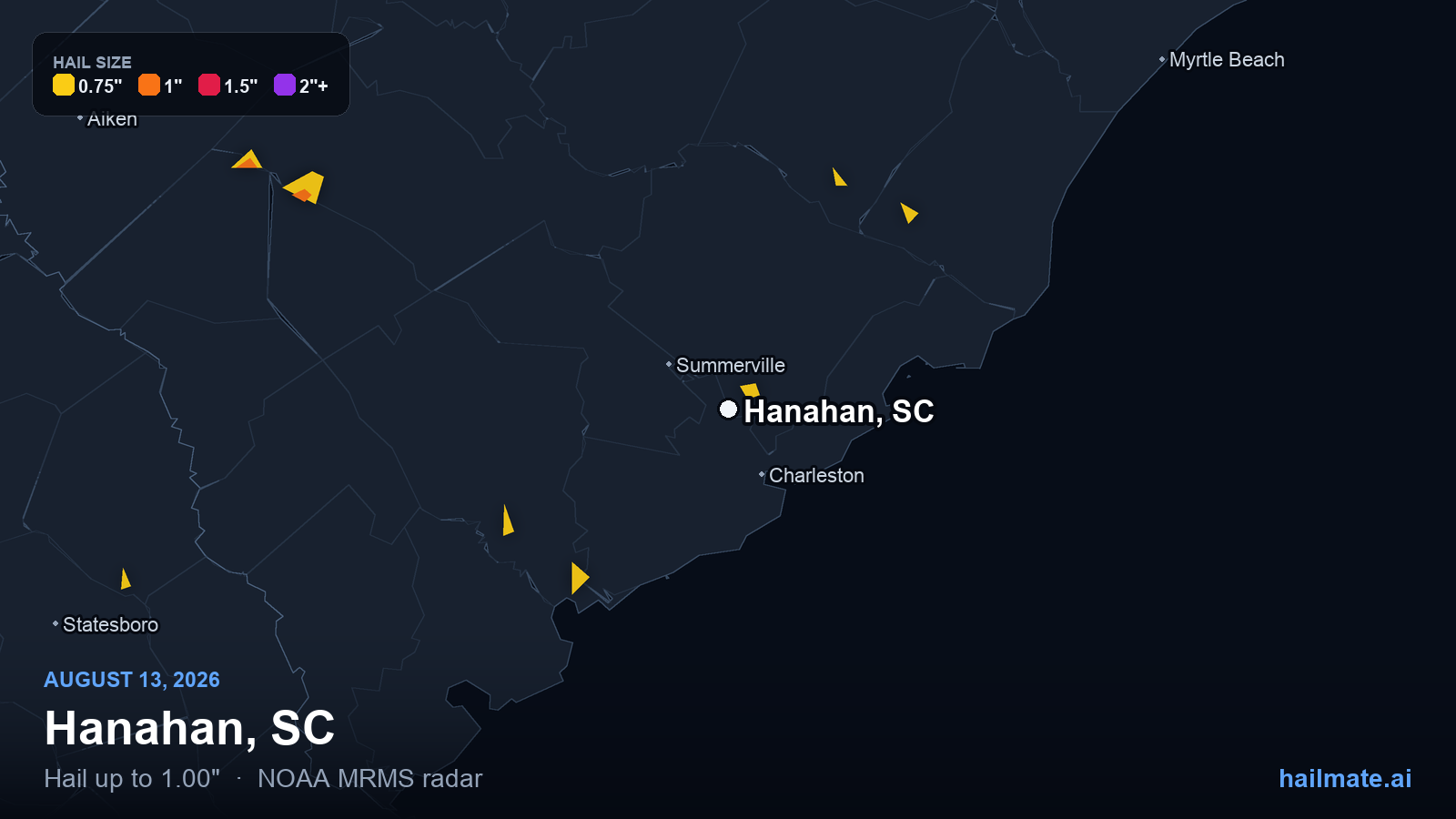 Hail swath map for Hanahan, SC on August 13, 2026 showing 1.00 inch hail.