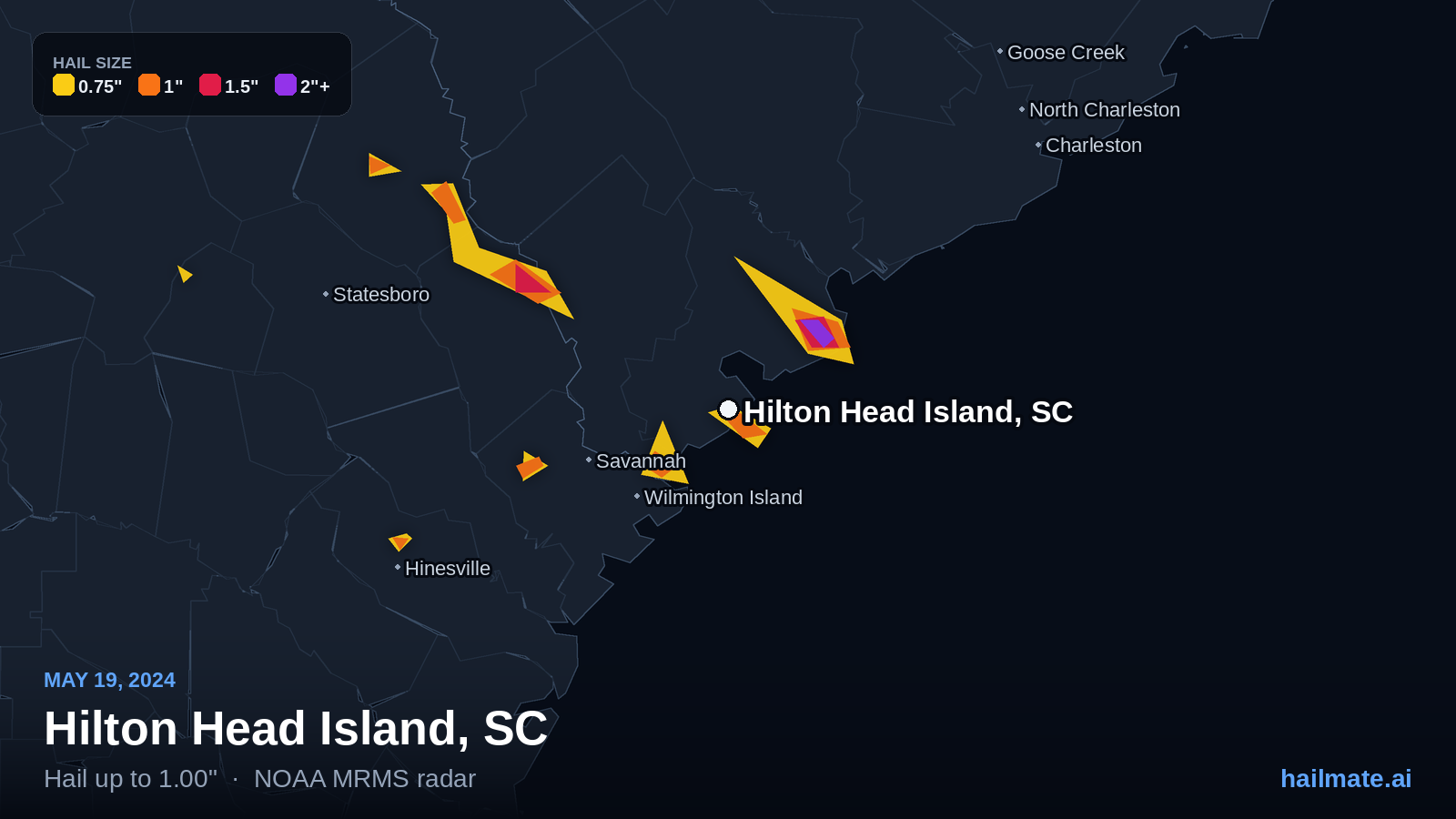 Hail swath map for Hilton Head Island, SC on May 19, 2024 showing 1.00 inch hail.