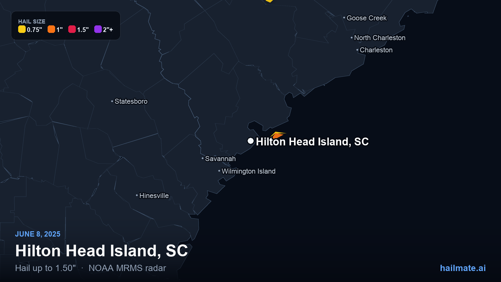 Hail swath map for Hilton Head Island, SC on June 8, 2025 showing 1.50 inch hail.
