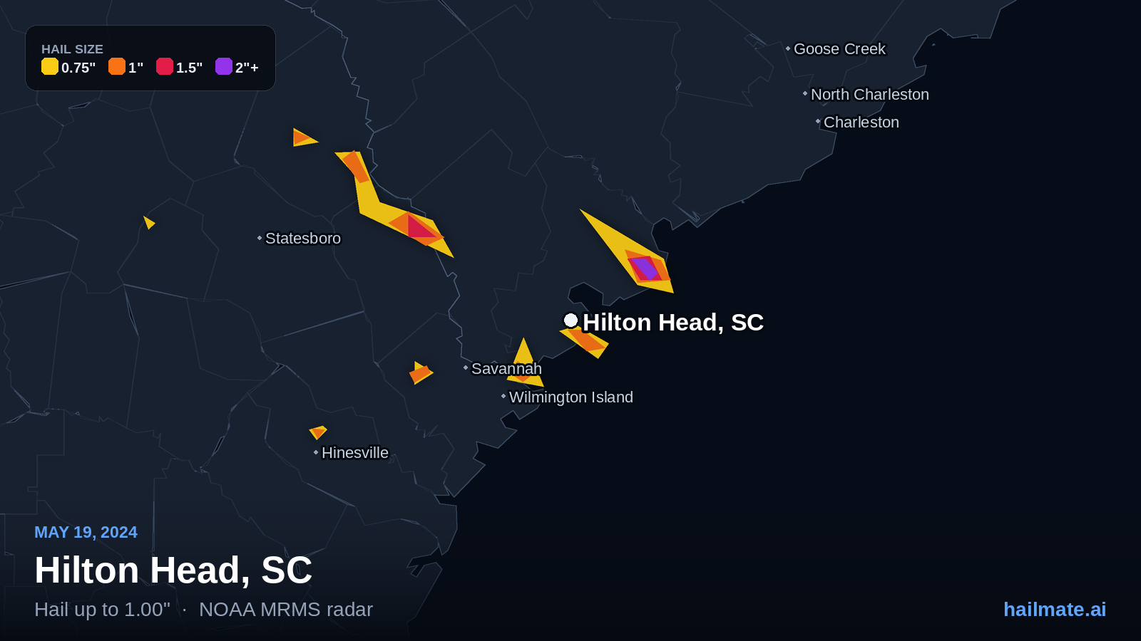 Hail swath map for Hilton Head, SC on May 19, 2024 showing 1.00 inch hail.