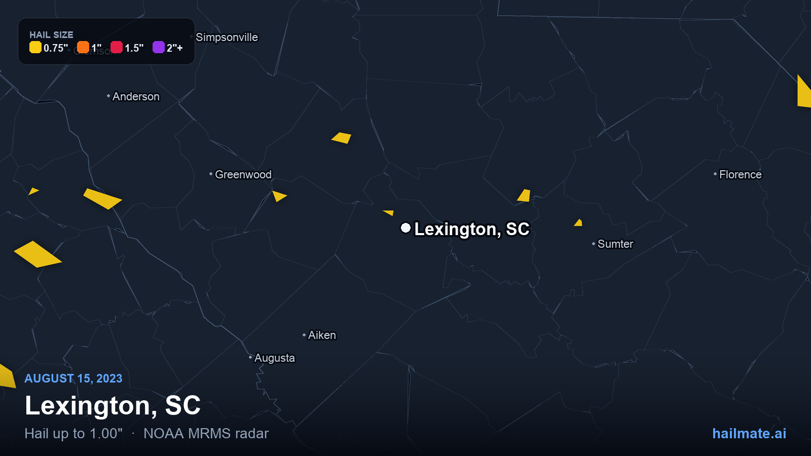 Hail swath map for Lexington, SC on August 15, 2023 showing 1.00 inch hail.