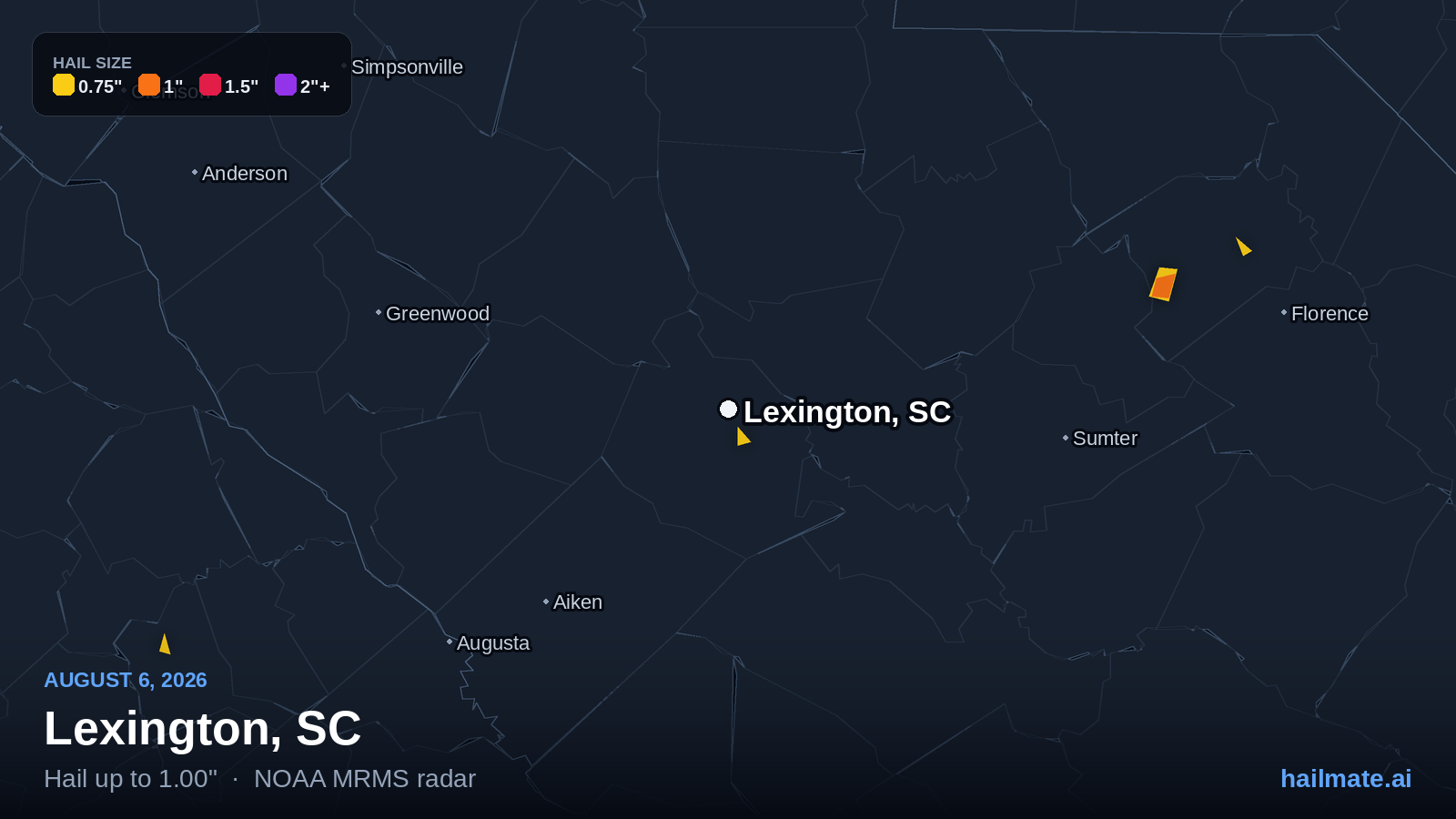 Hail swath map for Lexington, SC on August 6, 2026 showing 1.00 inch hail.