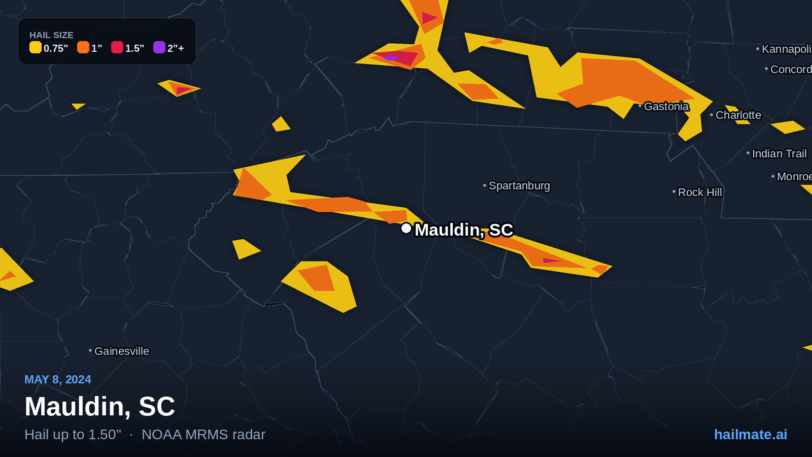 Hail swath map for Mauldin, SC on May 8, 2024 showing 1.50 inch hail.