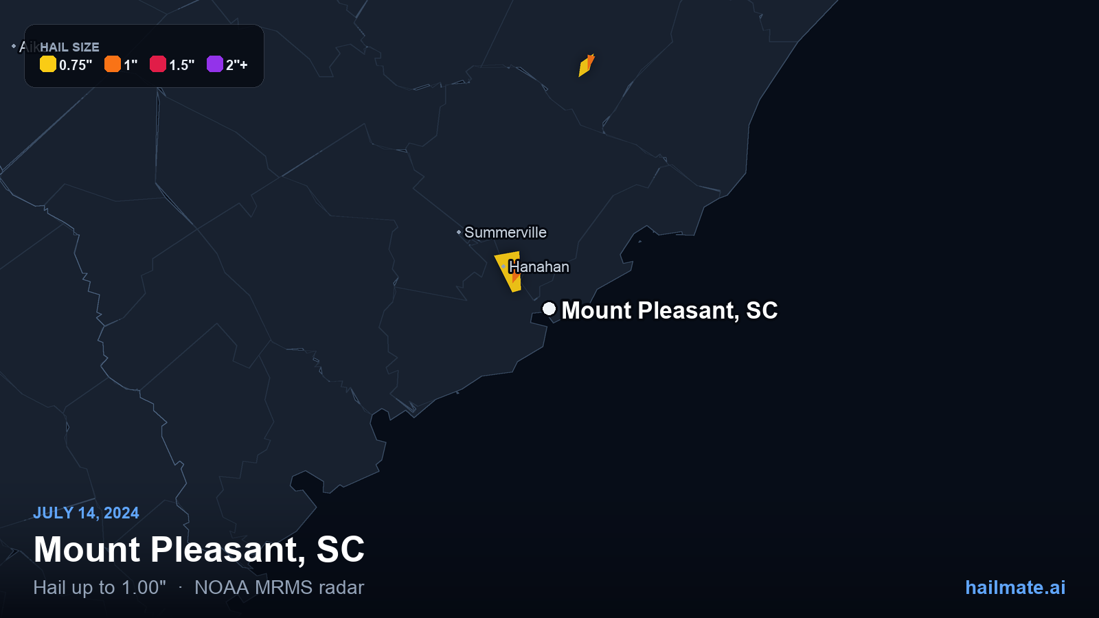 Hail swath map for Mount Pleasant, SC on July 14, 2024 showing 1.00 inch hail.