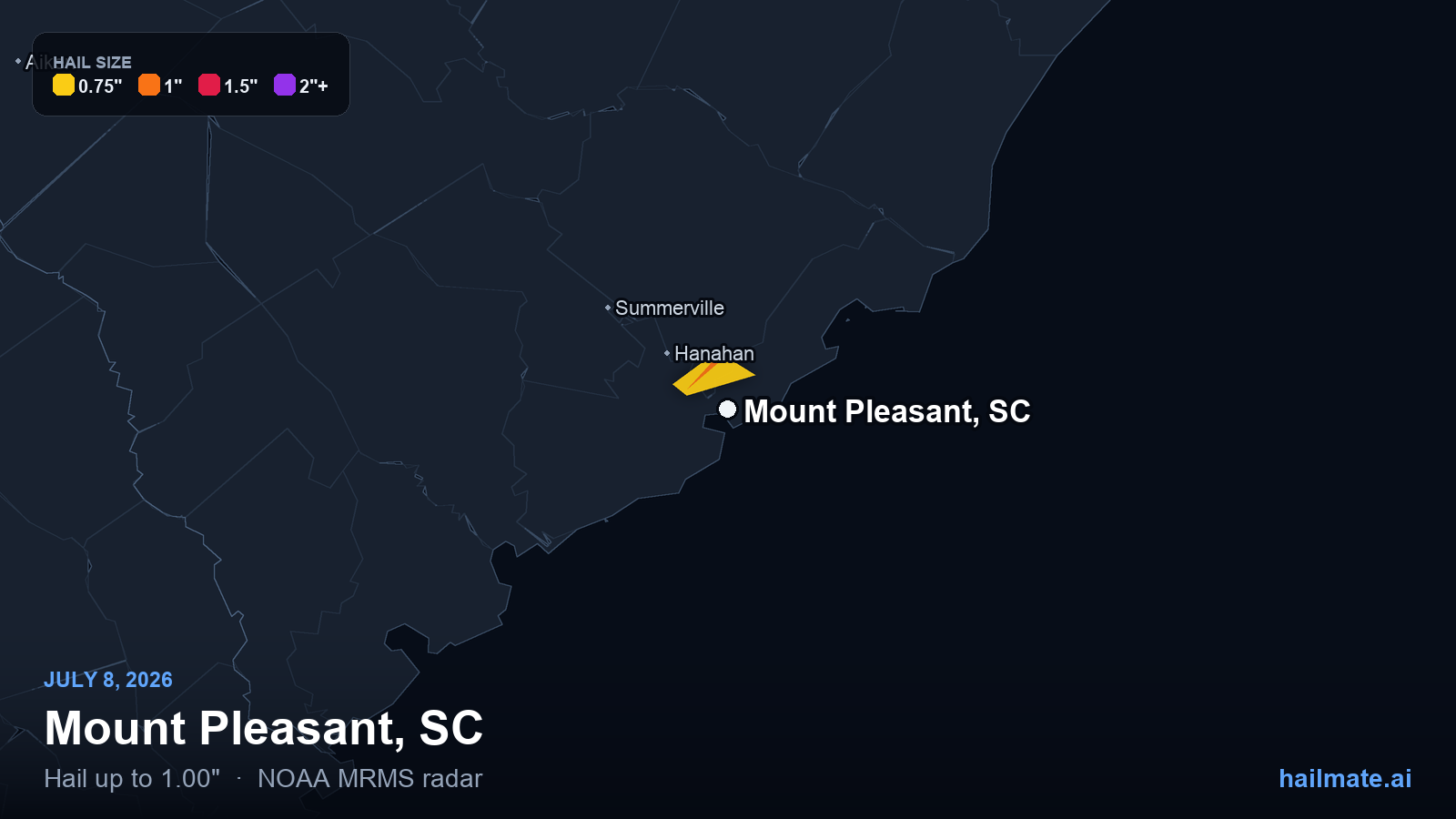 Hail swath map for Mount Pleasant, SC on July 8, 2026 showing 1.00 inch hail.