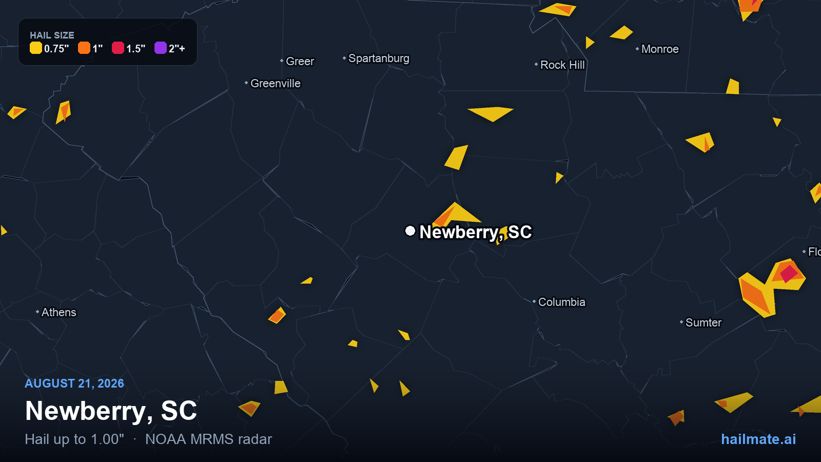 Hail swath map for Newberry, SC on August 21, 2026 showing 1.00 inch hail.