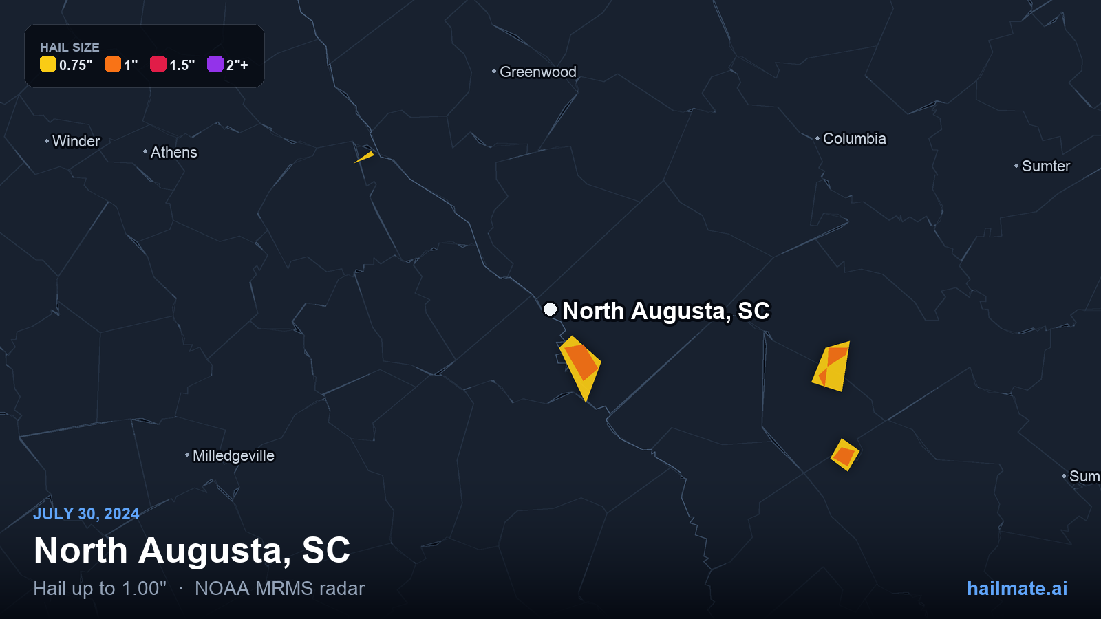 Hail swath map for North Augusta, SC on July 30, 2024 showing 1.00 inch hail.