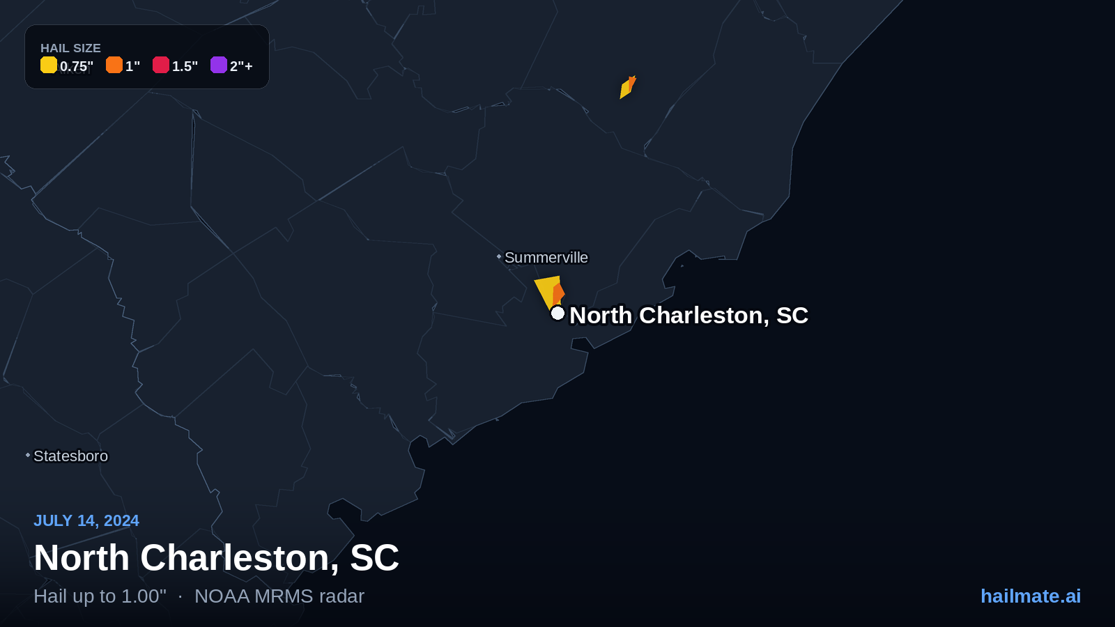 Hail swath map for North Charleston, SC on July 14, 2024 showing 1.00 inch hail.