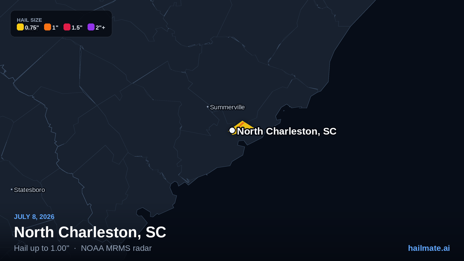 Hail swath map for North Charleston, SC on July 8, 2026 showing 1.00 inch hail.