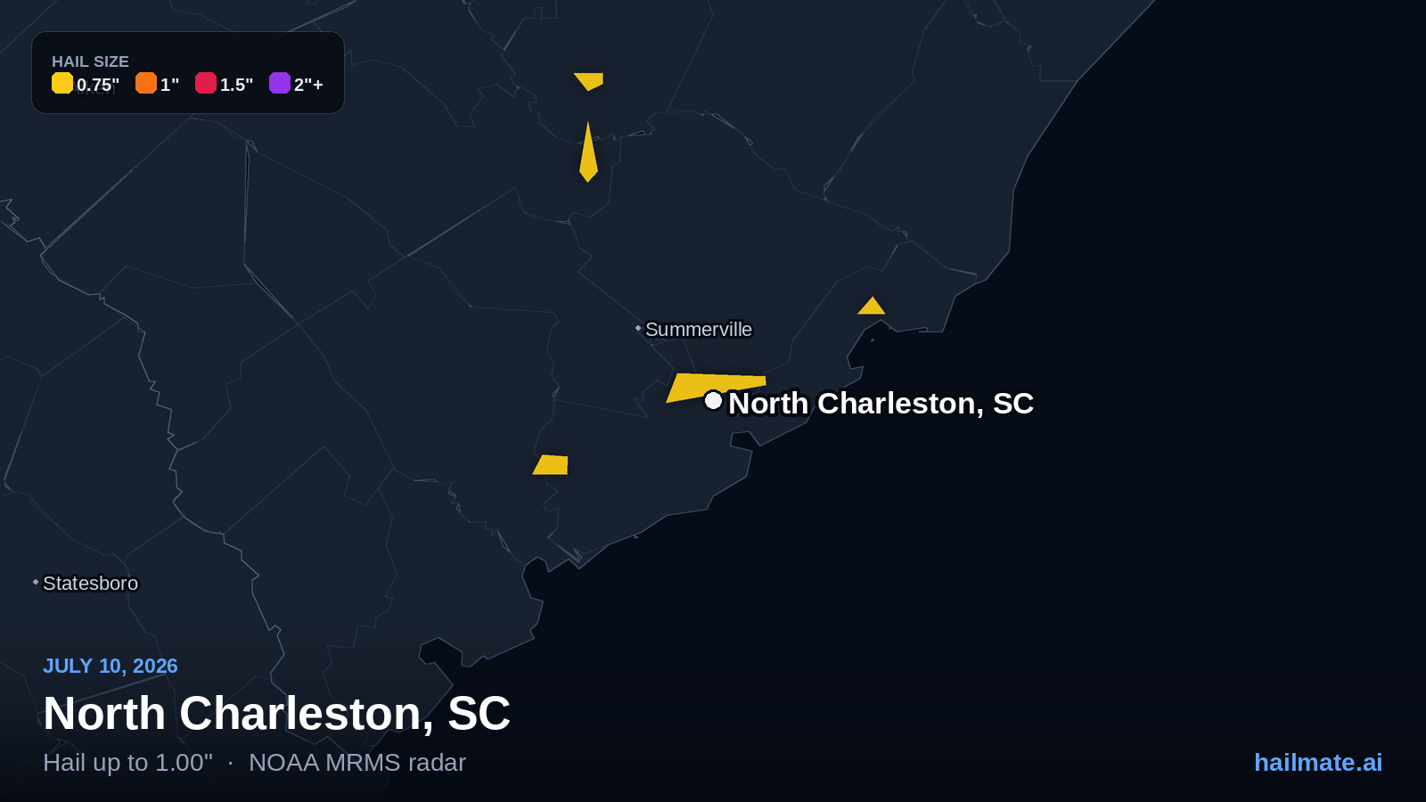 Hail swath map for North Charleston, SC on July 10, 2026 showing 1.00 inch hail.