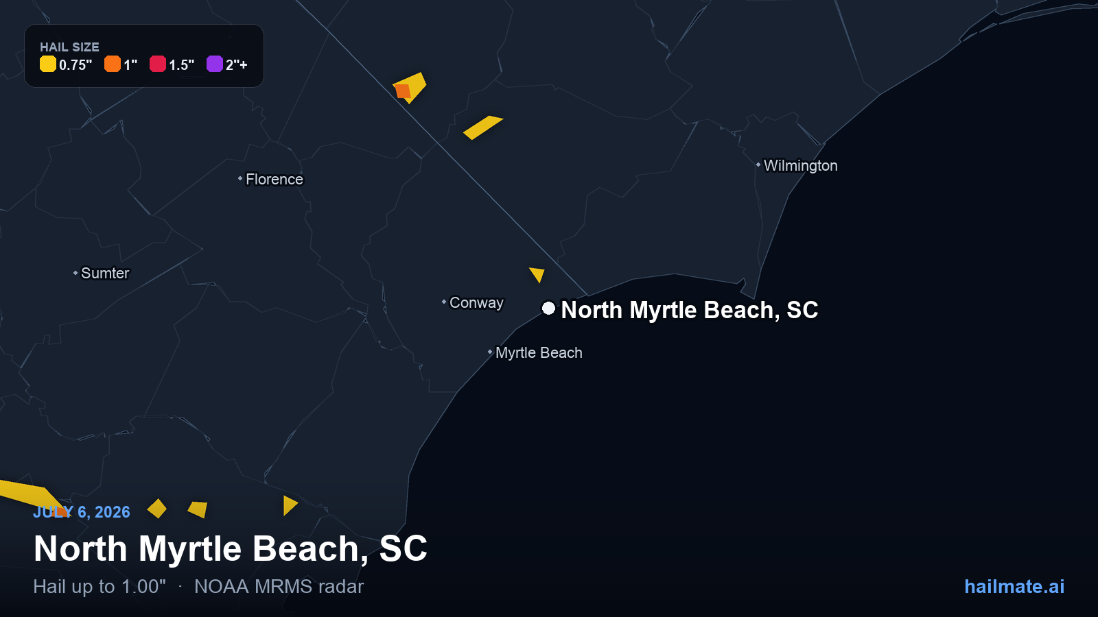 Hail swath map for North Myrtle Beach, SC on July 6, 2026 showing 1.00 inch hail.